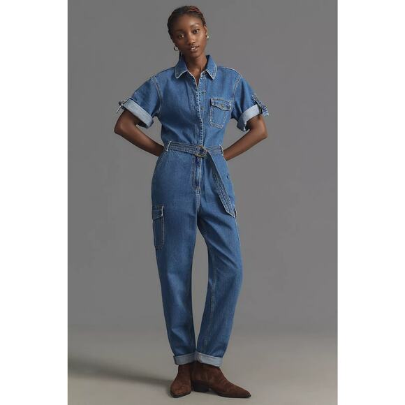 NWT Anthropologie x KIVARI Natalie Short-Sleeve Denim Jumpsuit $300 XXS US Sz 0 - Picture 4 of 8